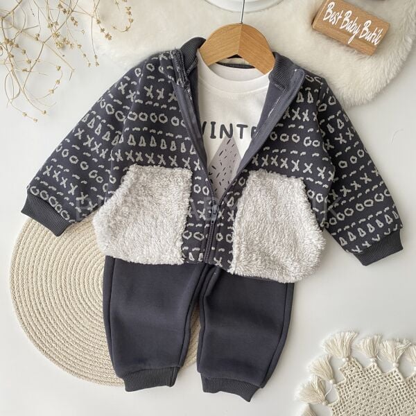 Peluş Cep Detaylı Hırkalı Şardonlu 3’Lü Takım