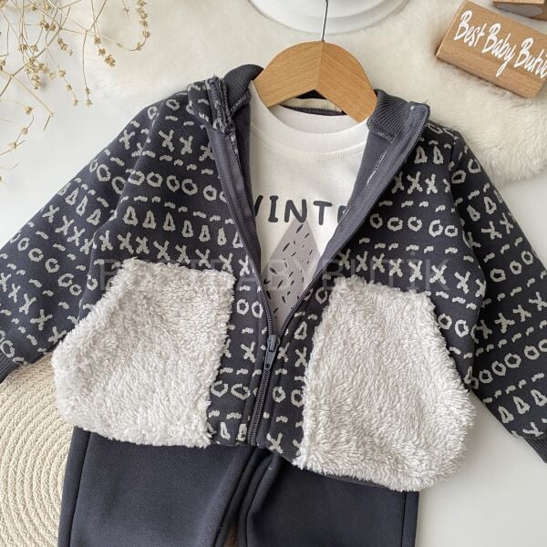 Peluş Cep Detaylı Hırkalı Şardonlu 3’Lü Takım