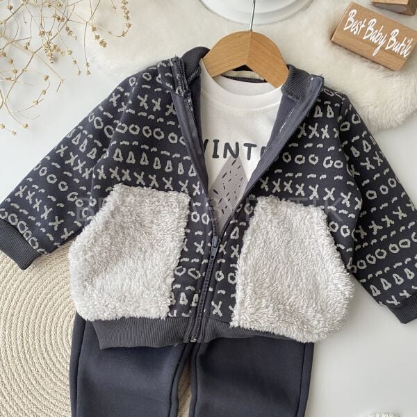 Peluş Cep Detaylı Hırkalı Şardonlu 3’Lü Takım