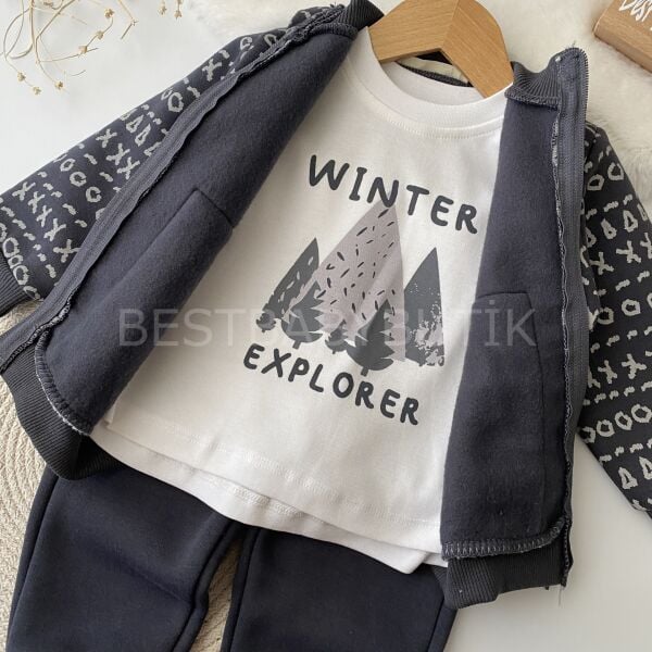 Peluş Cep Detaylı Hırkalı Şardonlu 3’Lü Takım