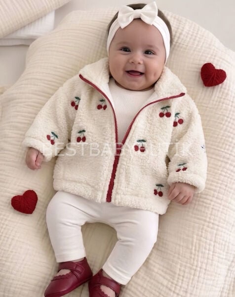 Kiraz Nakışlı Astarlı Peluş Mont 1 YAŞ