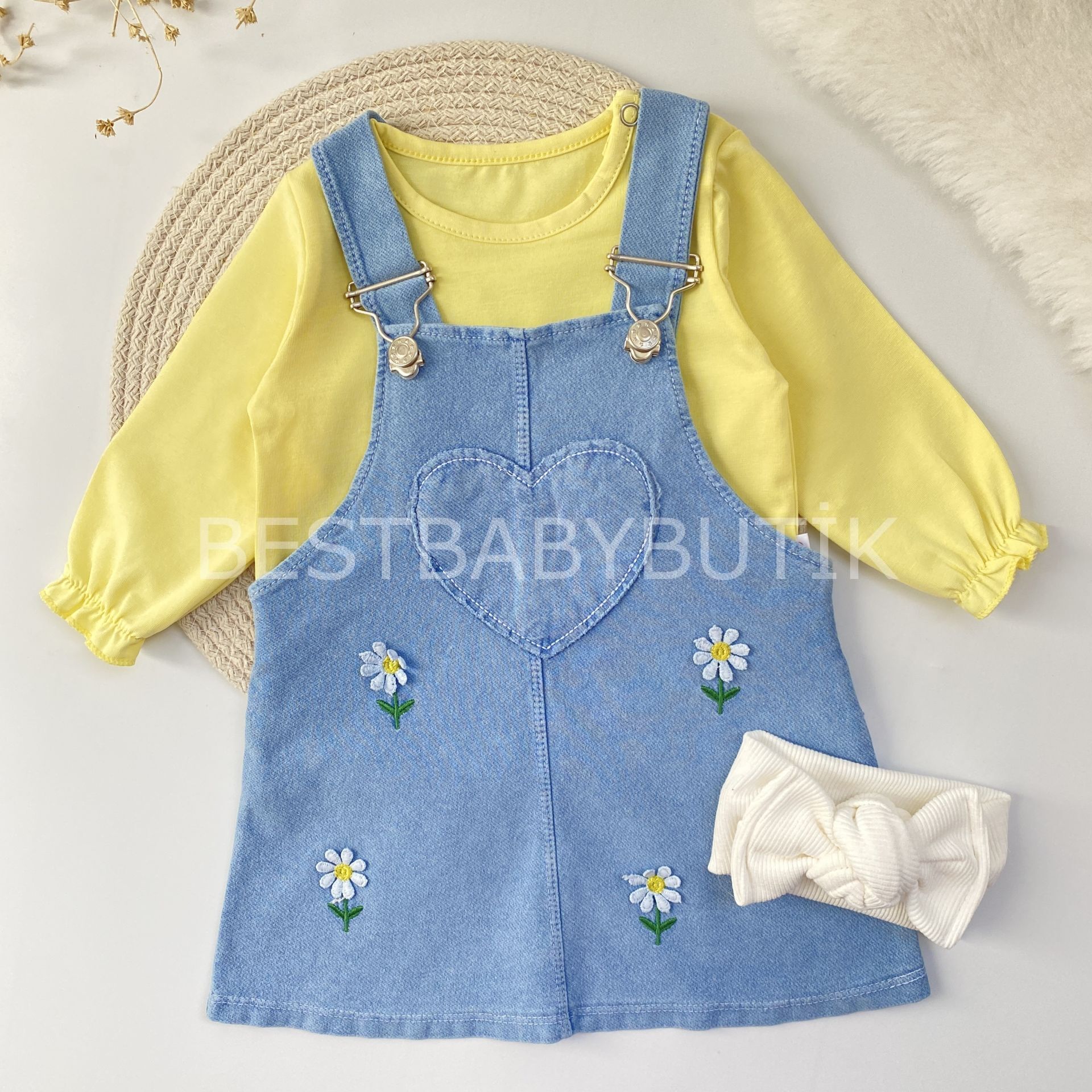 PAPATYA NAKIŞLI KALP DETAYLI %100 PAMUK KOT  2’Lİ ELBİSE 6-9 AY