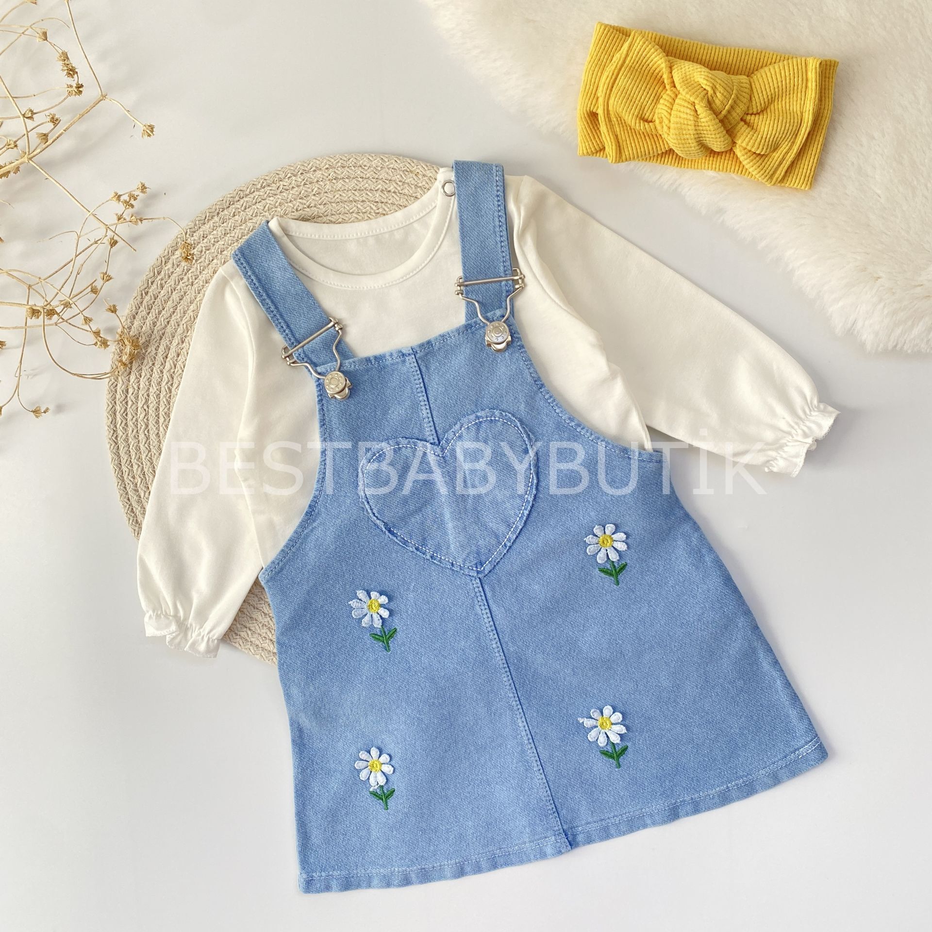 PAPATYA NAKIŞLI KALP DETAYLI %100 PAMUK KOT  2’Lİ ELBİSE