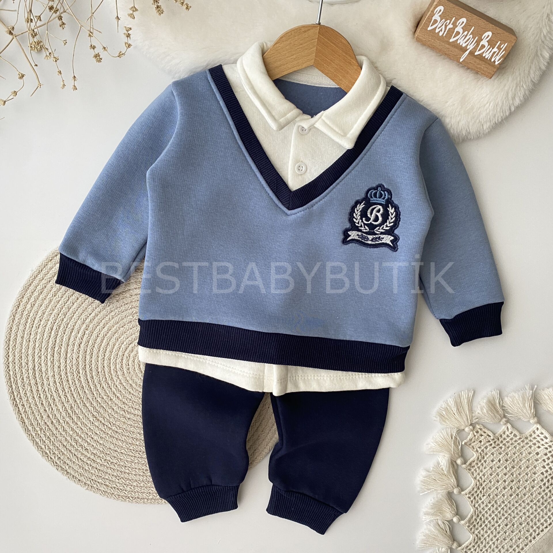 B Baskılı Gömlek Yaka Detaylı Şardonlu 2’Li Takım