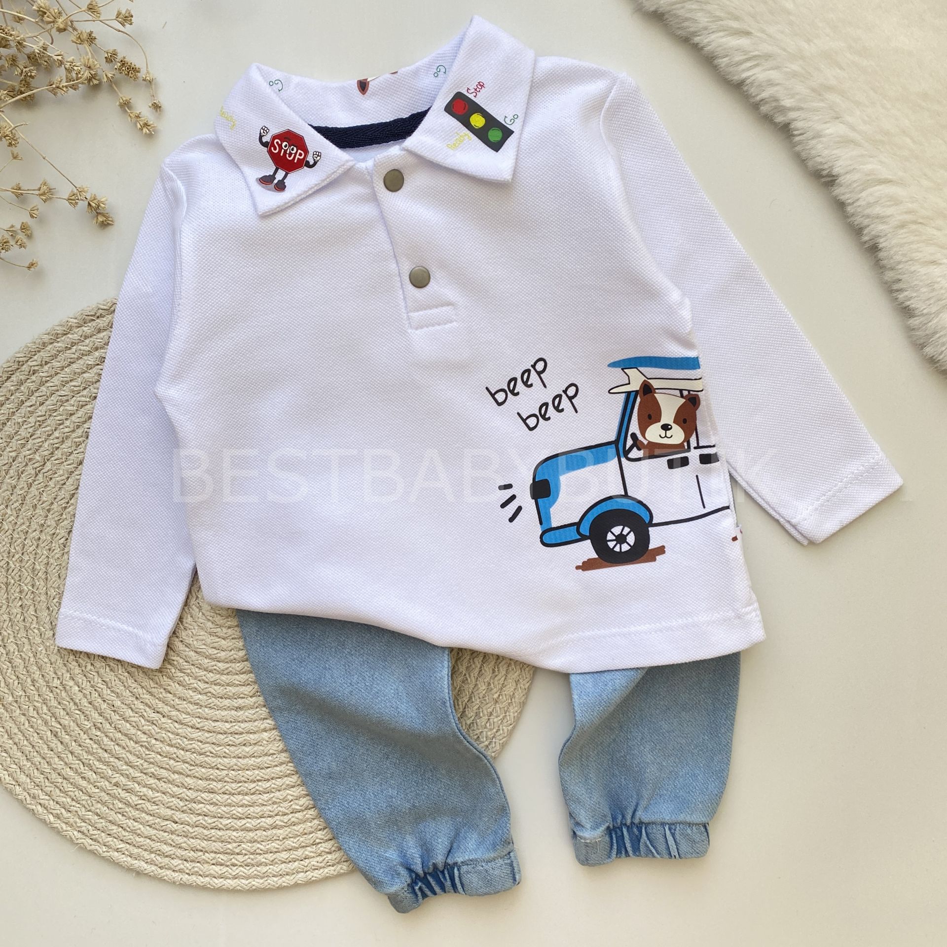 ARABA DETAYLI POLO YAKA KOT PANTOLONLU 2’Lİ TAKIM
