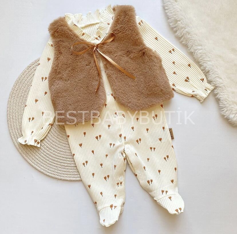LADY KÜRK PELUŞ YELEKLİ ÇİÇEKLİ TULUM