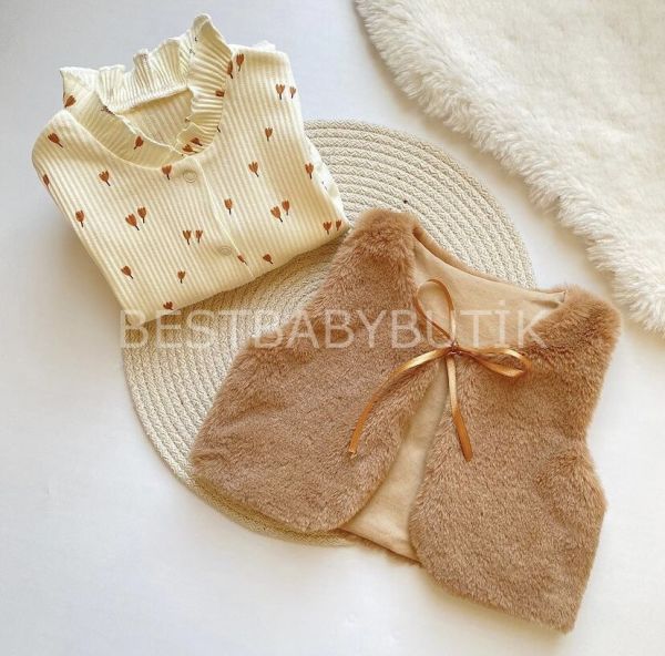LADY KÜRK PELUŞ YELEKLİ ÇİÇEKLİ TULUM