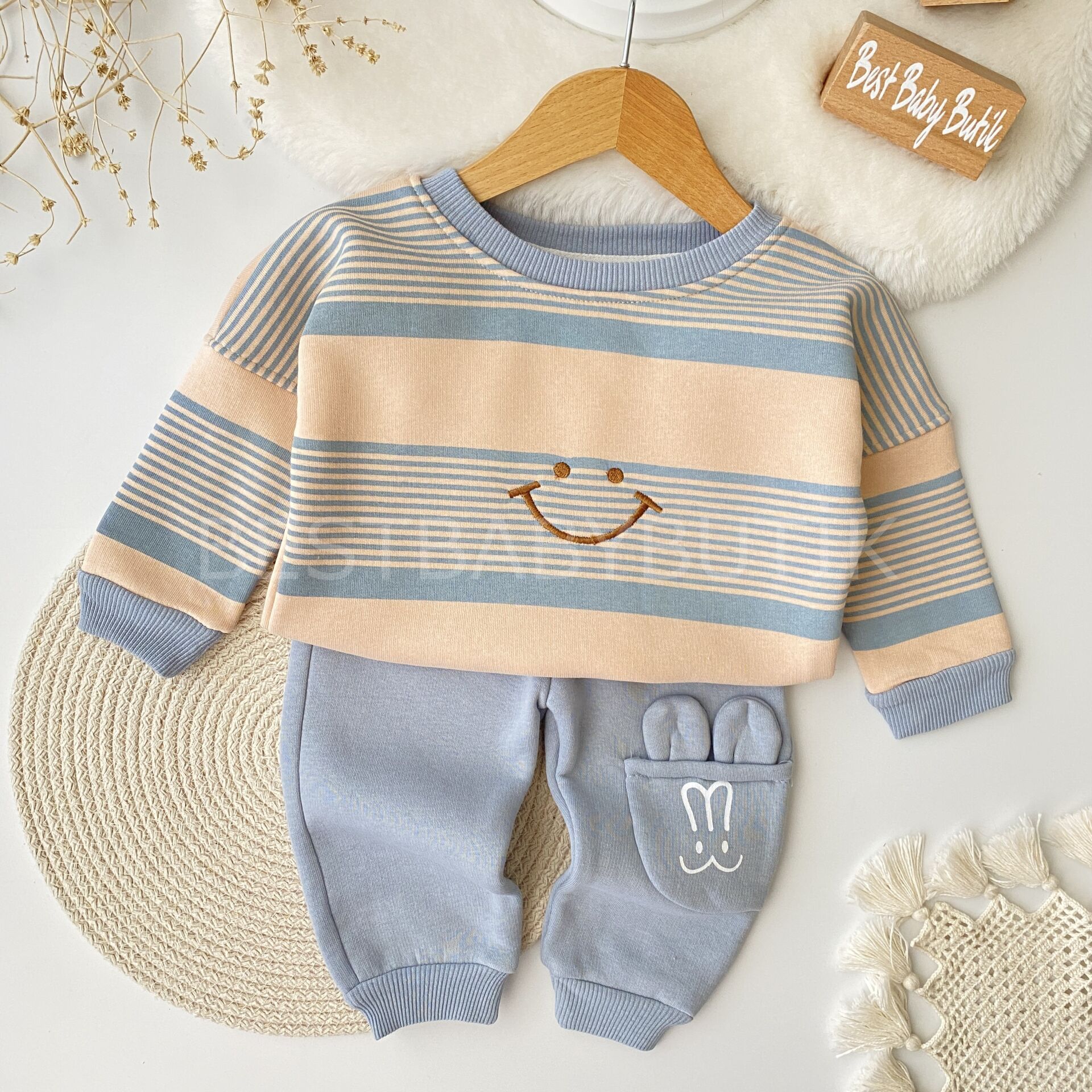 Gülen Surat Çizgili Cep Detaylı Şardonlu 2’Li Takım