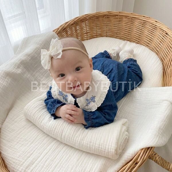 Premium Elisa Nakış Yaka Detaylı Kot Tulum (ÖLÇÜ AÇIKLAMADA) 3-6 AY