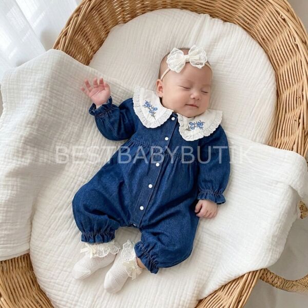 Premium Elisa Nakış Yaka Detaylı Kot Tulum (ÖLÇÜ AÇIKLAMADA) 3-6 AY