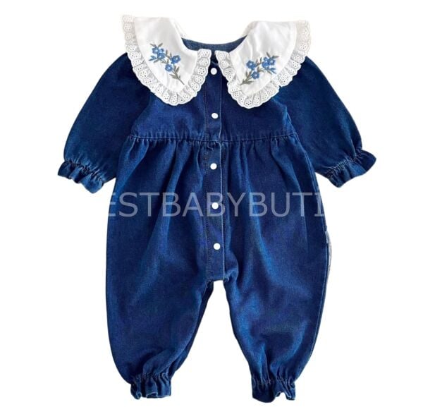 Premium Elisa Nakış Yaka Detaylı Kot Tulum (ÖLÇÜ AÇIKLAMADA) 3-6 AY