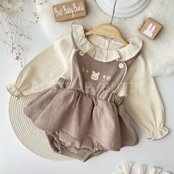 Tavşan Nakışlı Fırfırlı Gömlekli Romper