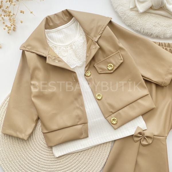 DERİ CEKETLİ İSPANYOL PANTOLONLU 3’LÜ TAKIM
