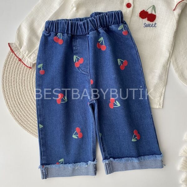Kirazlı Gömlek Ve Bol Paça Kot Pantolonlu Takım 12-18 AY