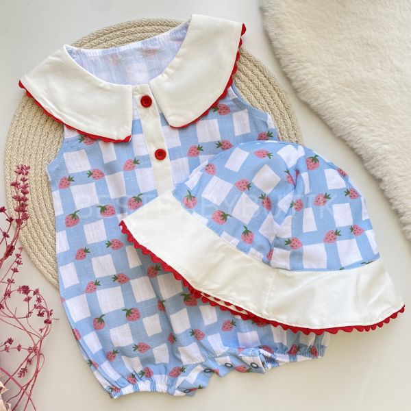 ÇİLEK DETAYLI PÖTİKARE BEBE YAKA TULUM VE ŞAPKASI