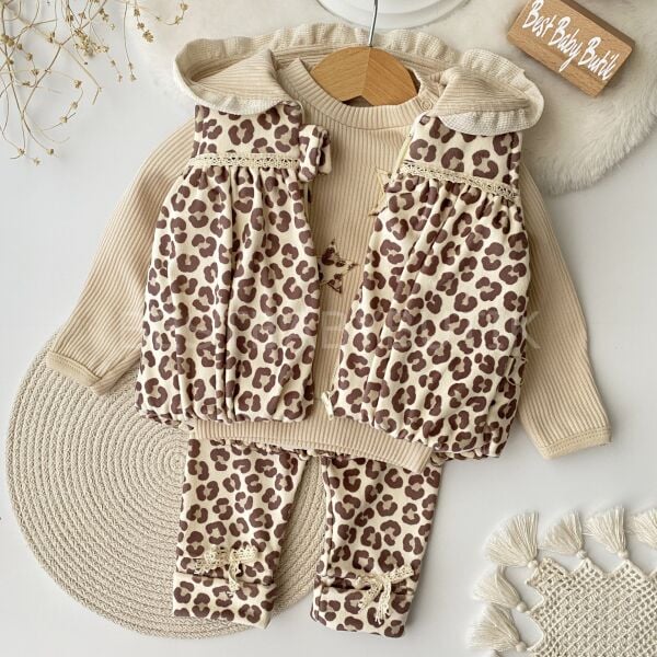 Leopar Desenli Kadife Şişme Yelekli 3’Lü Takım
