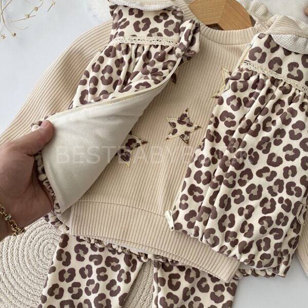 Leopar Desenli Kadife Şişme Yelekli 3’Lü Takım