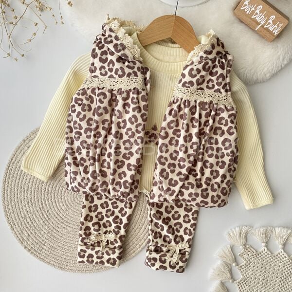 Leopar Desenli Kadife Şişme Yelekli 3’Lü Takım