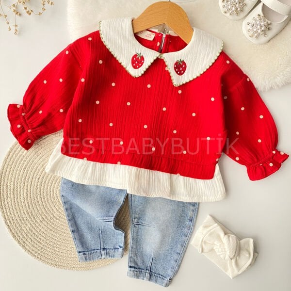 Çilek Yakalı Benekli Müslin Gömlekli Kot Pantolonlu 2’Li Takım