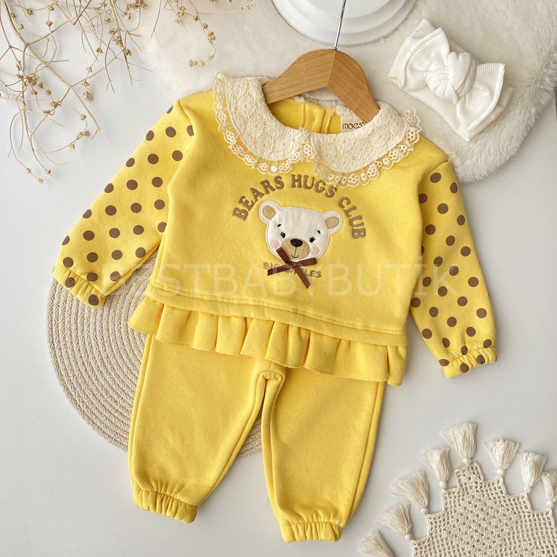 Sevimli Ayıcık Benekli Bebek Yaka Şardonlu 2’Li Takım