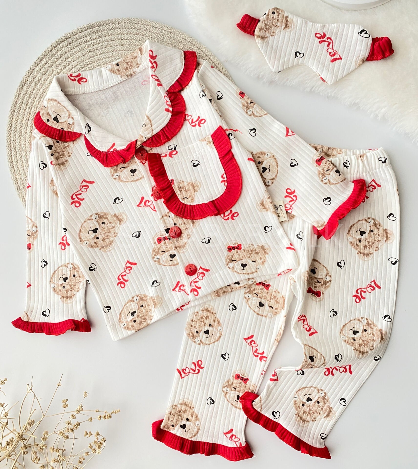 Ayıcık Kalpli Göz Bantlı Fırfırlı Pijama Takımı