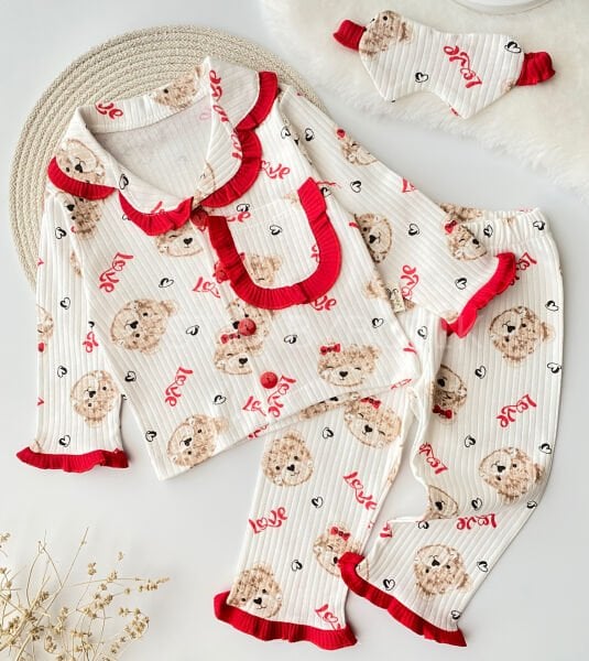Ayıcık Kalpli Göz Bantlı Fırfırlı Pijama Takımı