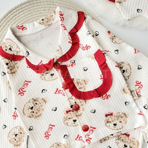 Ayıcık Kalpli Göz Bantlı Fırfırlı Pijama Takımı