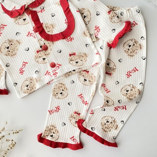 Ayıcık Kalpli Göz Bantlı Fırfırlı Pijama Takımı