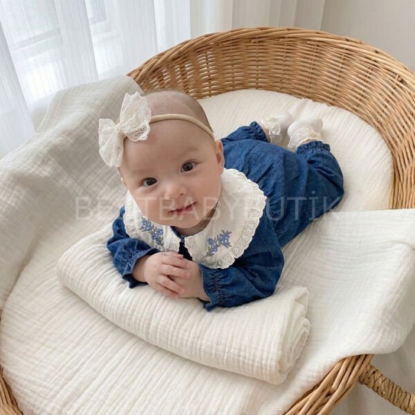 Premium Elisa Nakış Yaka Detaylı Kot Tulum 9-12 AY