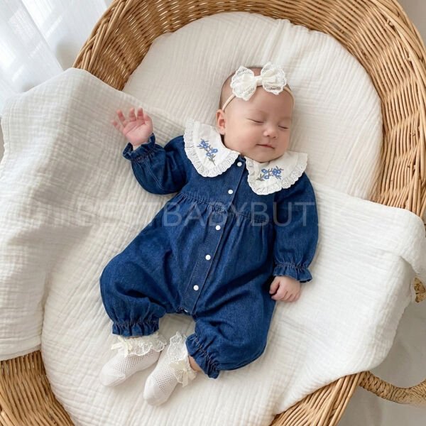 Premium Elisa Nakış Yaka Detaylı Kot Tulum 9-12 AY