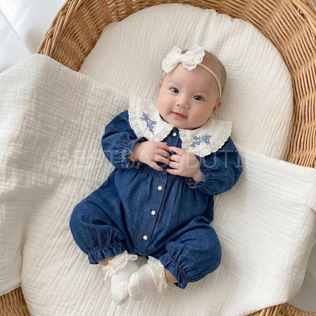 Premium Elisa Nakış Yaka Detaylı Kot Tulum 9-12 AY