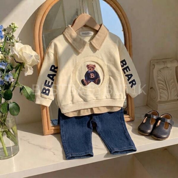 Bear Ayıcık Baskılı Gömlek Yaka Detaylı Kot Pantolonlu Takım