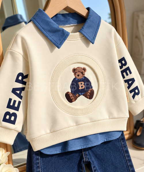 Bear Ayıcık Baskılı Gömlek Yaka Detaylı Kot Pantolonlu Takım 18-24 AY