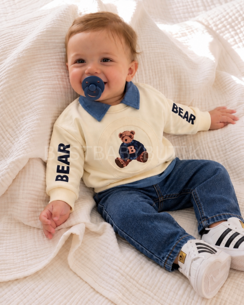 Bear Ayıcık Baskılı Gömlek Yaka Detaylı Kot Pantolonlu Takım 18-24 AY