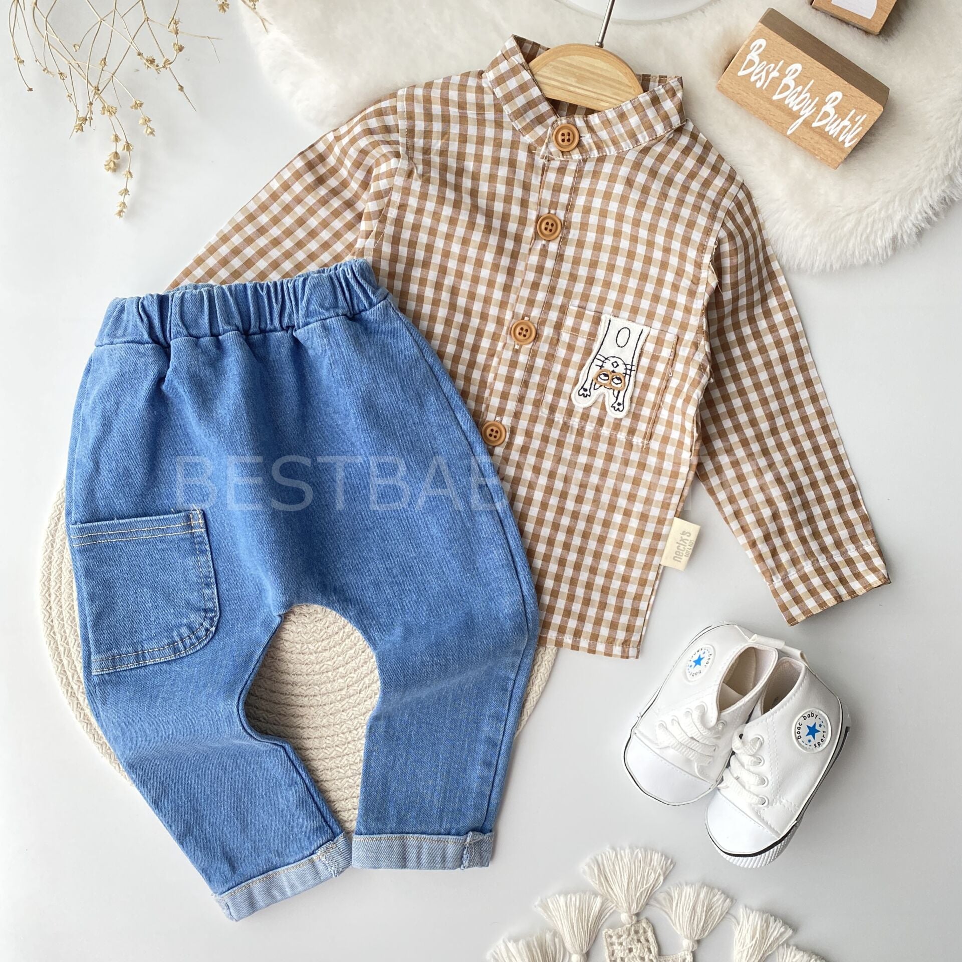 Kedicik Cepli Kot Pantolonlu Takım-KAHVE 18-24 AY