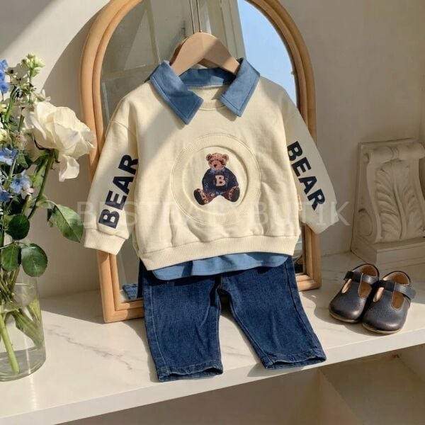 Bear Ayıcık Baskılı Gömlek Yaka Detaylı Kot Pantolonlu Takım