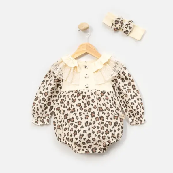 Leopar Desenli Müslin Kumaş Bandanalı Romper 3-6 AY