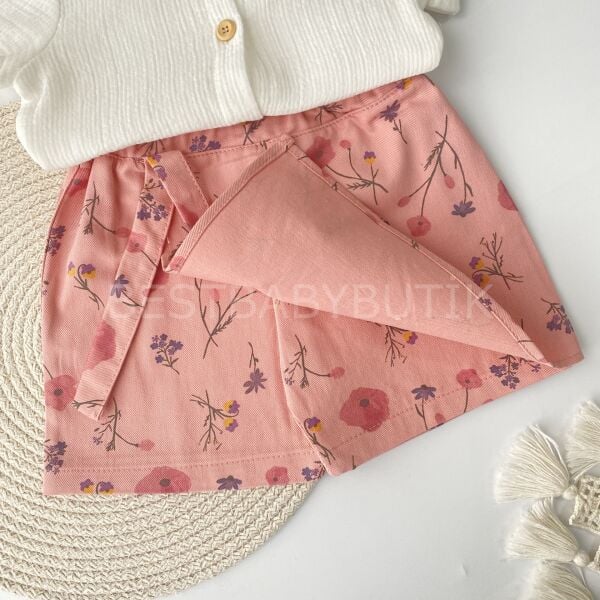 Çiçek Nakışlı Müslin Gömlekli Şort Etekli Takım 9-12 AY