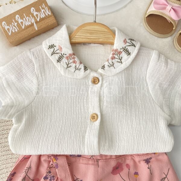 Çiçek Nakışlı Müslin Gömlekli Şort Etekli Takım 9-12 AY