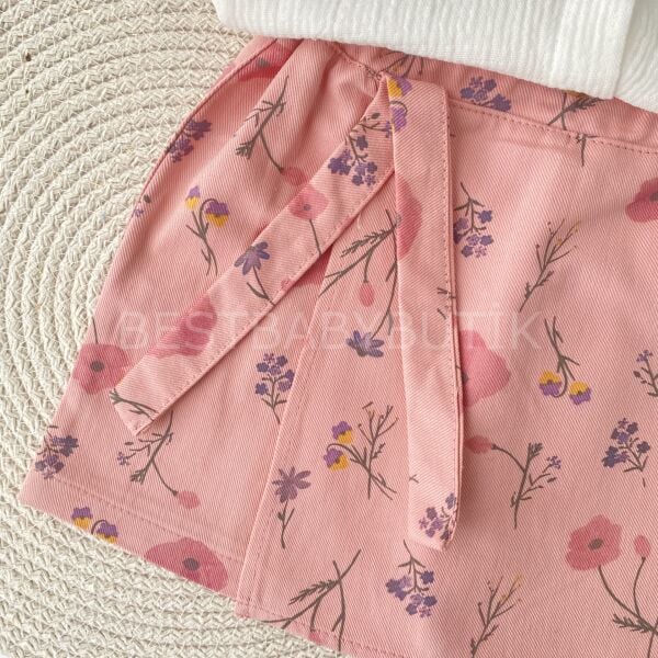 Çiçek Nakışlı Müslin Gömlekli Şort Etekli Takım 9-12 AY