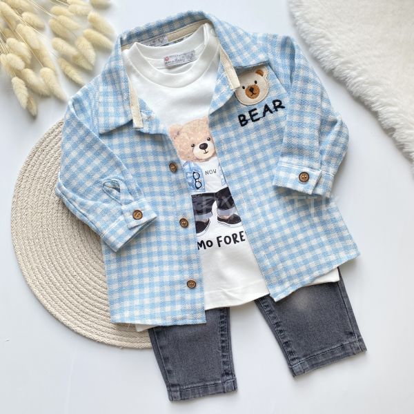 BEAR FOREVER PÖTİKARE GÖMLEK DETAYLI KOT PANTOLONLU 3’LÜ TAKIM