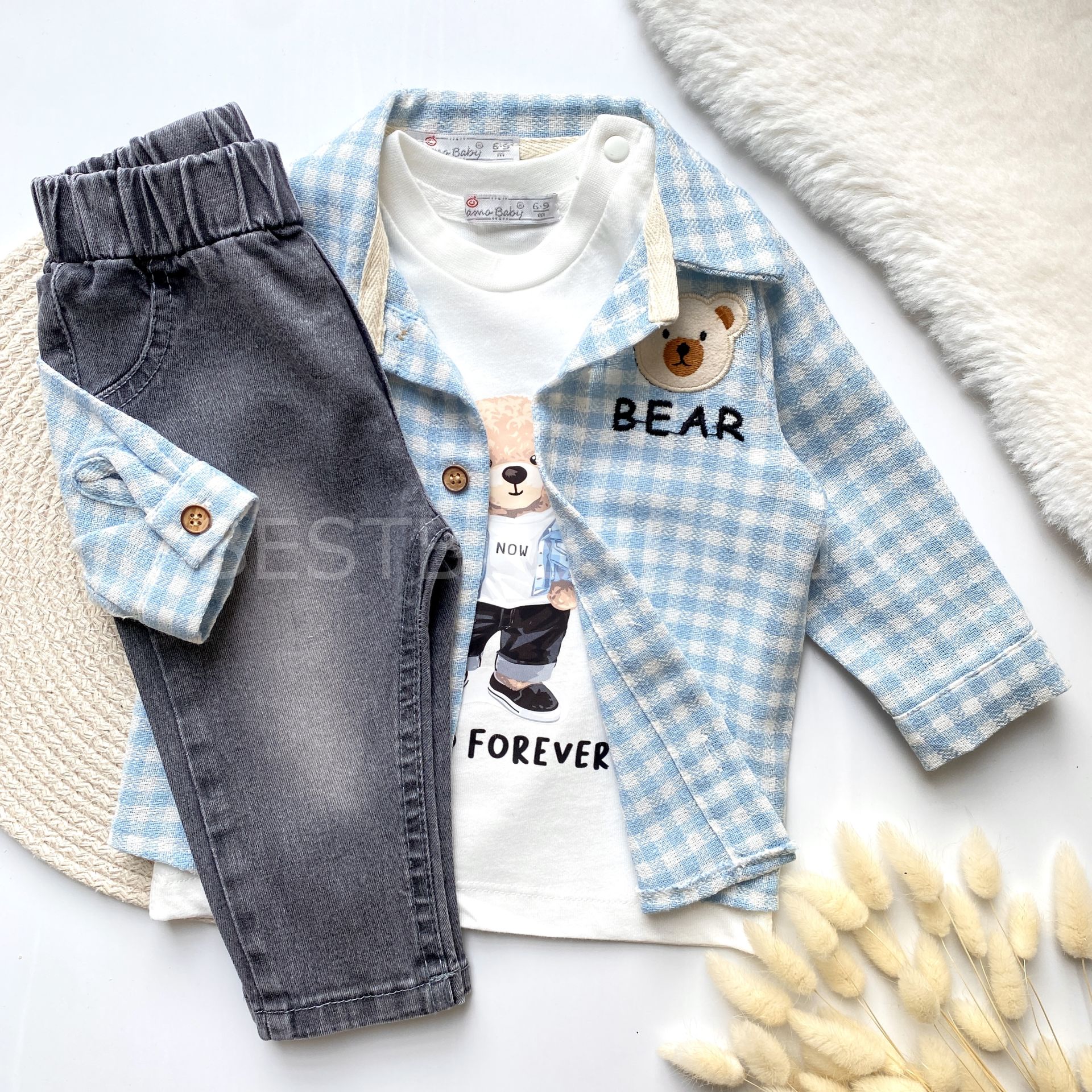 BEAR FOREVER PÖTİKARE GÖMLEK DETAYLI KOT PANTOLONLU 3’LÜ TAKIM