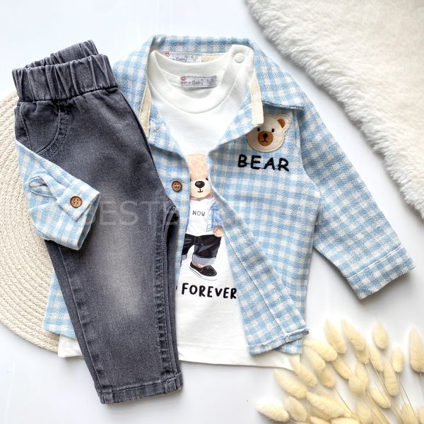 BEAR FOREVER PÖTİKARE GÖMLEK DETAYLI KOT PANTOLONLU 3’LÜ TAKIM