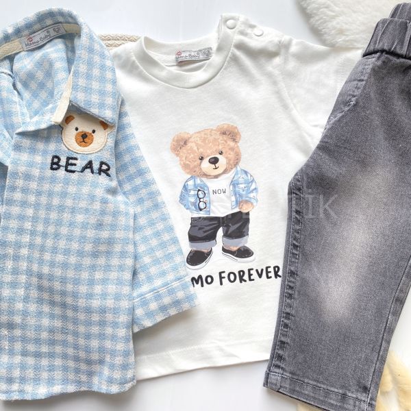 BEAR FOREVER PÖTİKARE GÖMLEK DETAYLI KOT PANTOLONLU 3’LÜ TAKIM
