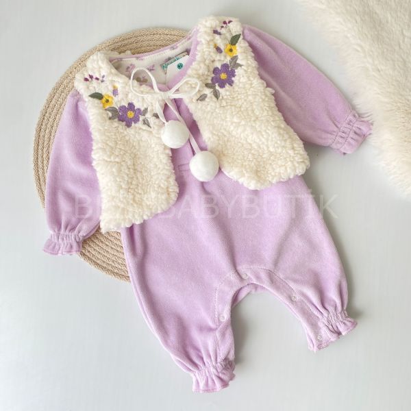 MERY ÇİÇEK İŞLEME DETAYLI PELUŞ YELEKLİ KADİFE TULUM