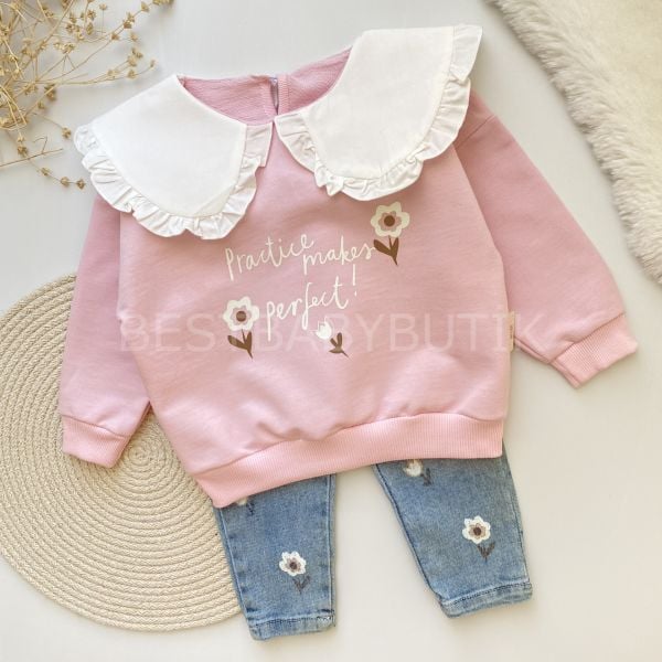 GÖMLEKLİ BEBEK YAKA DETAYLI ÇİÇEKLİ KOT PANTOLONLU 2’Lİ TAKIM