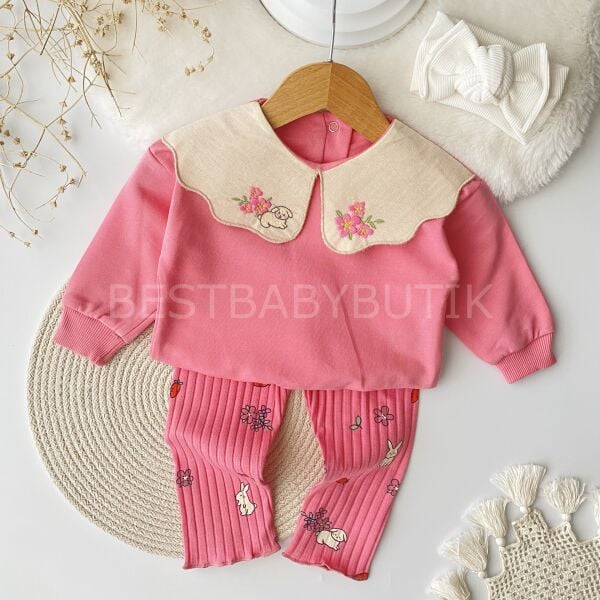 Tavşan Desenli Bebe Yaka 2’Li Alt Üst Takım
