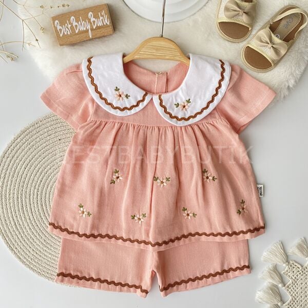 Çiçek Nakışlı Bebe Yaka Müslin Takım