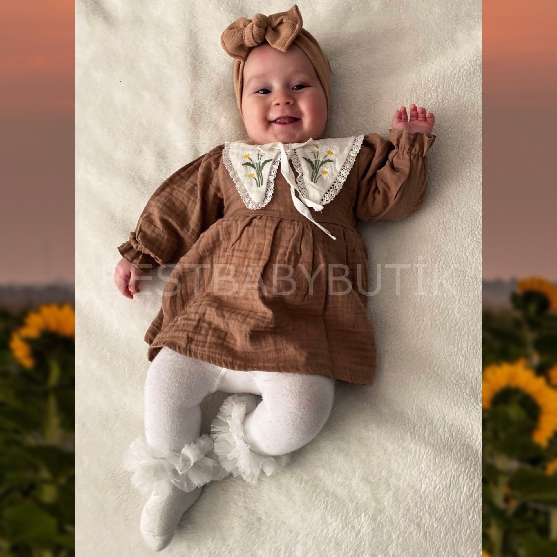 PAPATYA İŞLEMELİ YAKA DETAYLI MÜSLİN ELBİSE