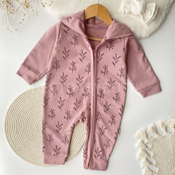 Çiçek Desenli Önden Fermuarlı Kapşonlu Tulum